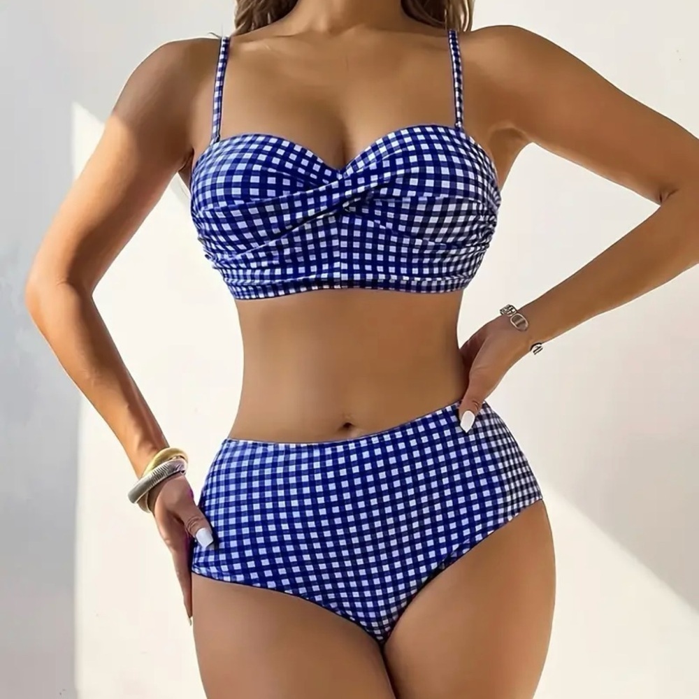 Blue Gingham Push Up High Waist Bikini Set